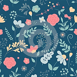 Flower seamless pattern. Field herbs daisy textile print decoration dark blue background fashion traditional vector illustration v