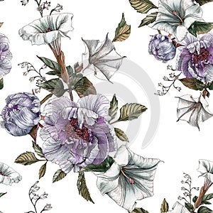 Flower seamless pattern with peonies and datura flower