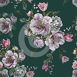 Flower seamless pattern with watercolor peonies, white roses and tulips