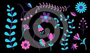 Flower set. Daisy chamomile, bluebell, bell, grass, fern. Cute garden growing plant. Camomile icon. Purple, violet, pink, blue