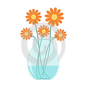 Flower set in vase . Glass vases with blue water. Cute colorful icon collection. Orange daisy flowers. Ceramic Pottery Glass