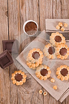 Flower shaped chocolate biscuits.
