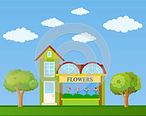 Flower shop building front view on nature background