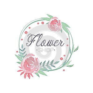 Flower shop colorful logo, label in vintage style for floral boutique, wedding service, florist vector Illustration