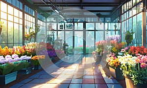 flower shop in the country. woman collects a bouquet in a glassed flower shop photo