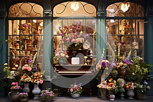 A flower shop with a creative display featuring piano
