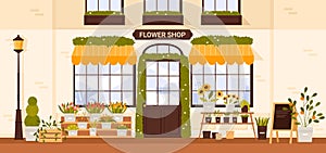 Flower shop facade, building exterior with cute door and windows, flowers in pot on shelf