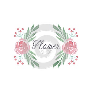 Flower shop green and pink colorful logo, label or badge in vintage style for floral boutique, wedding service, florist