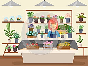 Flower shop interior green natural decorations woman florist seller cartoon design vector illustration