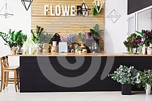 Flower shop interior, small business of floral design studio