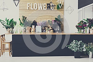 Flower shop interior, small business of floral design studio