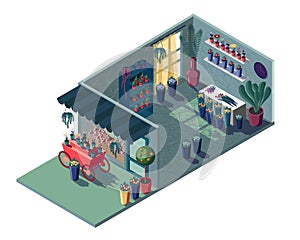 Flower shop in isometric green. With a red cart and display case