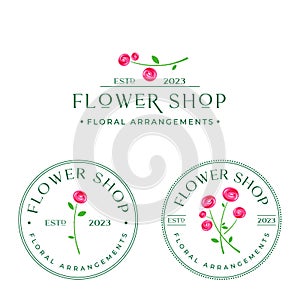 Flower Shop logo. Pink roses and letters, rounded stamps.
