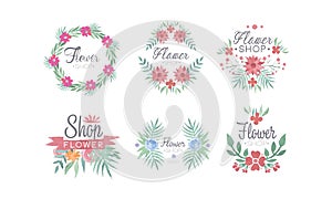 Flower Shop Logo Templates Set, Florist Boutique Wreath Badges, Emblems, Logotypes Vector Illustration