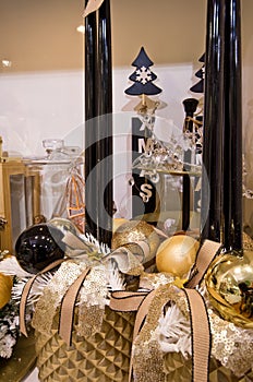 Flower shop shelves with Christmas decorations