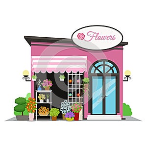 Flower shop. Shop icon in flat style design. Flower kiosk vector illustration.