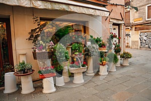 Flower shop on the street of the town of venice, ital y - nov, 2021