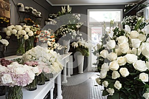 flower shop with wedding flowers on display, ready to make any bride's day special