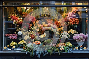 Flower Shop Window Display of Assorted Blooms