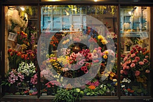 Flower Shop Window Display of Assorted Blooms