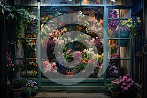 Flower Shop Window Display of Assorted Blooms