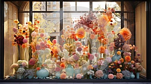 A flower shop window display featuring arrangement of seasonal blooms, flower shop\'s visual merchandising. Generative a