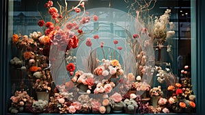 A flower shop window display featuring of seasonal blooms, flower shop\'s visual merchandising. Generative a