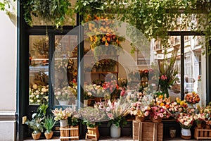 flower shop with window display of fresh and colorful flowers