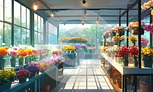 flower shop window. woman collects a bouquet in a glassed flower shop photo