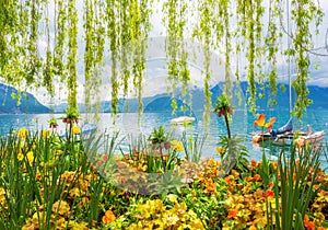 Flower shore and mountains, Montreux. Switzerland