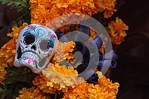 Flower and skeleton alter at Dia de los Muertos