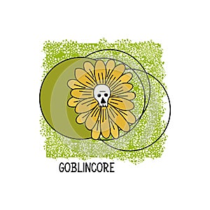 Flower with a skull. Chamomile with a human skull. In the yellow-green range. Calligraphy vector. Ink illustration. Goblincore