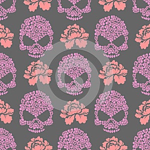 Flower skull seamless pttern. Skull of pink flowers and roses
