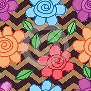 Flower snail leaf line watercolor chevron brown seamless pattern