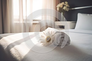 flower spa bath modern welcome bed bedchamber window towel comfortable. Generative AI.