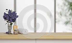 flower, spa towel, and candle on table top with blurred on wooden table over blurred window background. 3d render