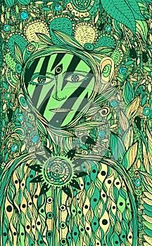 Flower spirit - fantasy ink graphic art. Green cartoon surreal artwork with fantastic creature. Vector illustration