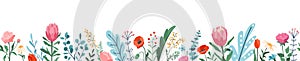 Flower spring seamless border vector illustration background. Floral bloom and leaf elements in horizontal banner in