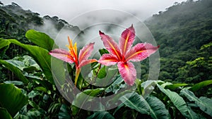 Flower in spring tropical rainforest, clouds over a wet forest, plant growth and environmental protection concept, wild jungle,