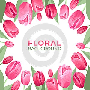 Flower square banner. White background. Tulips and leaves on a white background with copyspace. Pink, red, purple, green colors,