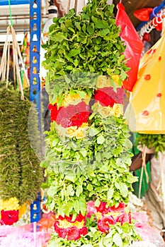 Flower stall selling garlands for temple offerings, Little India