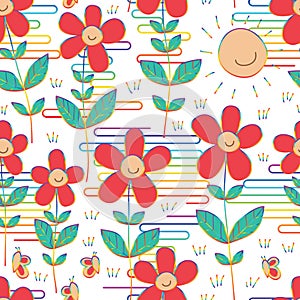 Flower sun smile butterfly rainbow style Japan cloud line seamless pattern