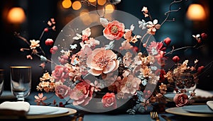 Flower table decoration, vase indoors, celebration decor, nature elegance generated by AI