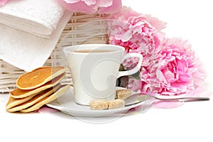 Flower, tea, brown sugar, pancake