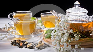 Flower tea with fruit slices. A Cup of green tea and a teapot. Tea ceremony, traditional drink. Afternoon tea, homelike. Flat lay