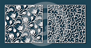 Flower tulip and curl patterns for laser cutting. Universal greeting card, laser cut panel. Vector illustration. Square