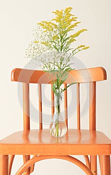 flower in vase on the chair. Elegant nordic lifestyle. Green and white flower