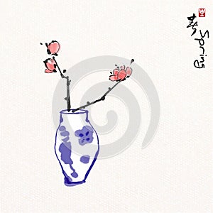 Flower in vase with Chinese painting art style, Chinese characters mean enjoy springtime