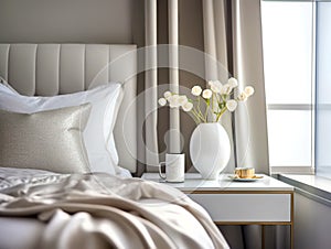 Flower vase on nightstand near beige bed. Art deco style interior design of modern bedroom. Created with generative AI