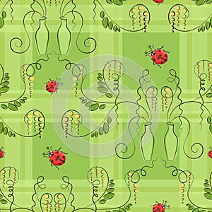 Flower Vase. Red Ladybird. Decorative plant, leaves. Vector light green background, pattern. Cute ladybugs